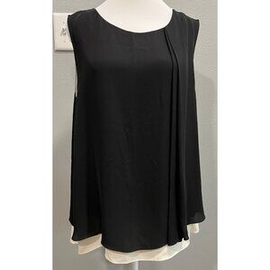 NWT - HALSTON HERITAGE black & cream 2-layer 100% silk top, sleeveless, Size 12